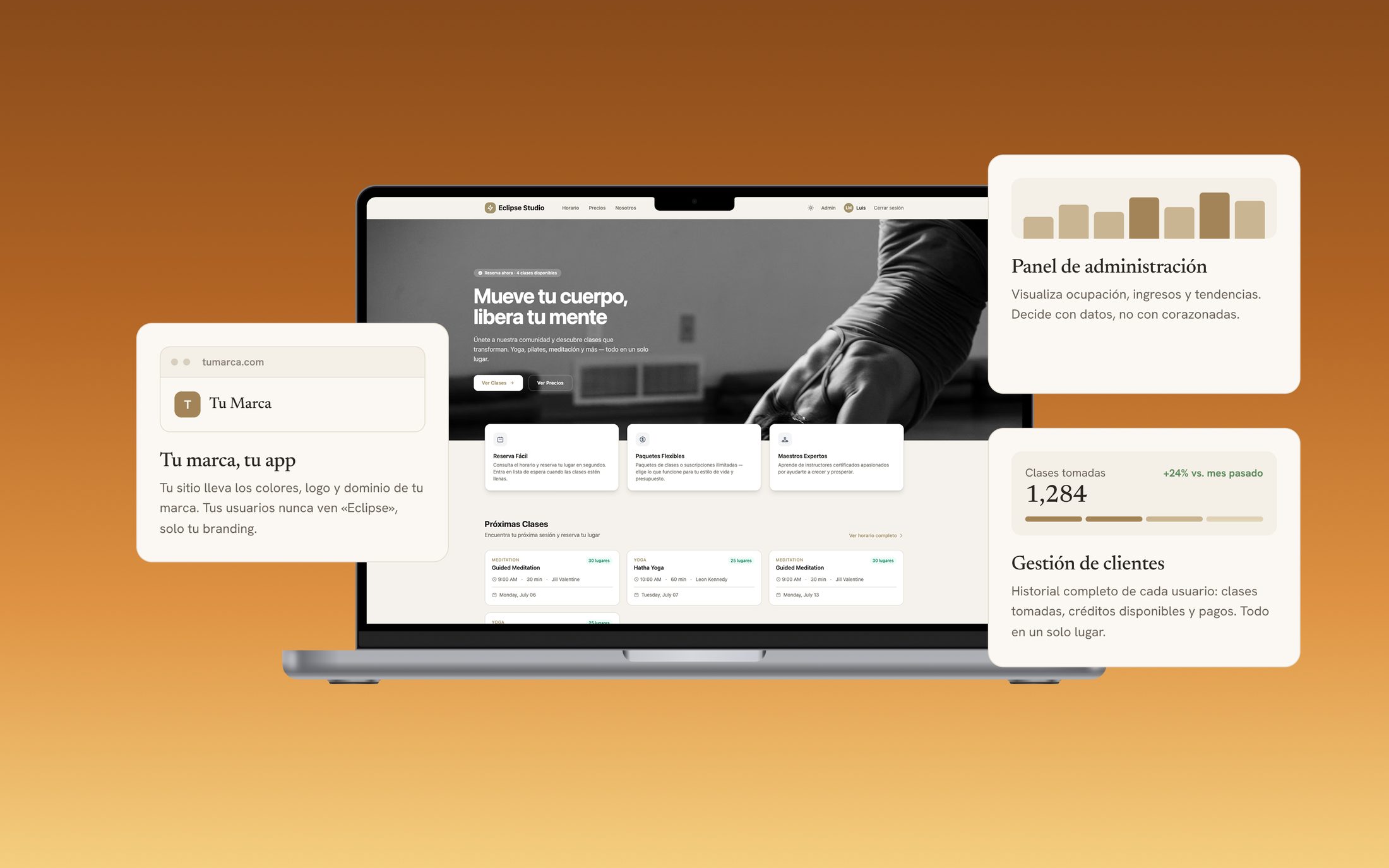 Eclipse member booking, admin dashboard and client management on a laptop and phone